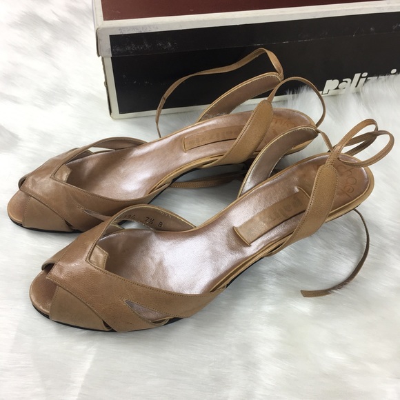 Vintage Tan Ankle Tie Open Toe Heels 7.5B - Picture 1 of 8
